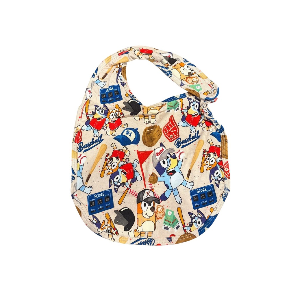 Bluey Bingo Bamboo Baseball Bib Cream Blue Red Sports Theme Snap Closure Unisex